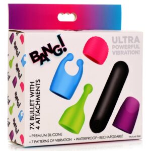 XR Brands | ¡Bang! Bala recargable 7X con 4 accesorios